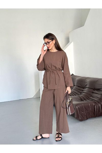 My Blog Brown 100% Cotton Crew Neck Belted Suit - 8726