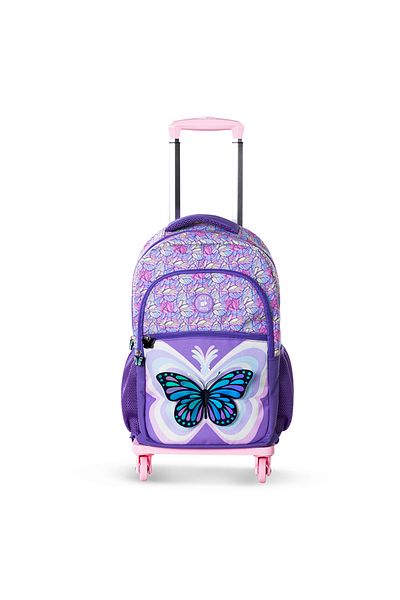 Eazy Kids مجموعة من 4 حقائب ظهر مقاس 18 بوصة مع عربة بأربع عجلات وحقيبة غداء وحافظة أقلام - فراشة ثلاثية الأبعاد بنفسجية
