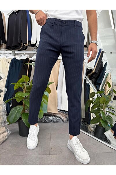 Butik Çizgi Detaylı Likralı Kumaş Pantolon Lacivert