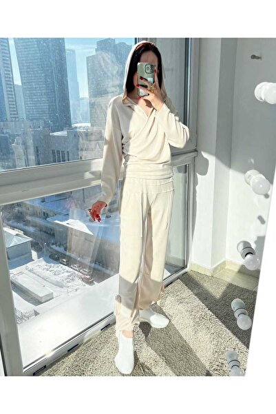 BUKETLİ Women's Double-breasted Hooded Top and Leg Lace-up Joger Pants Double Modal Set