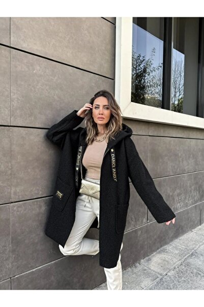 Robin ROBİN Kadın Kapüşonlu Torba Cep Astarsız Hafif Buklet Kaşe Oversize Kaban