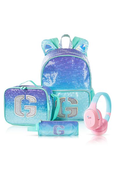 Eazy Kids مجموعة من 4 حقائب ظهر مقاس 17 بوصة مع سماعة رأس بتقنية البلوتوث وحقيبة غداء وحافظة أقلام - للبنات باللون الأخضر اللامع