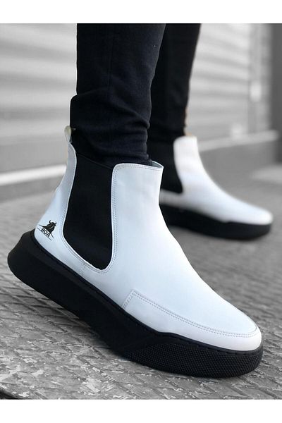 Byshoes BA0150 Laceless Strapped Men's High Sole White Black Sole Sports Boots