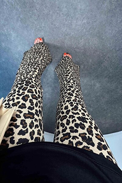 QİMYA BUTİK Kadın Çelik Örme Beli Lastikli En Boy Full Likra İspanyol Paça Leopar Desenli Pantolon