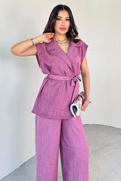 Cappmoda Tkm-13290 Lilac Linen Flap Collar Belted Vest Loose Trousers Double Set