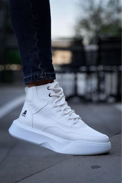 Byshoes BA0318 Lace-Up Men's High-Sole White Sports Boots