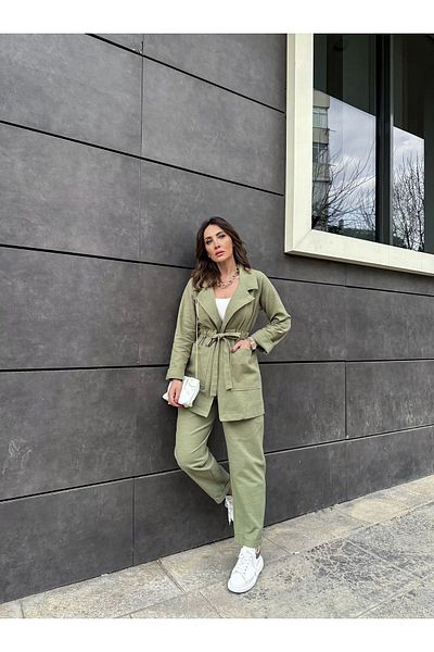 EGZOTİK ASORTİK Women's Skinny Leg Trousers with Tie Waist Jacket Linen Set