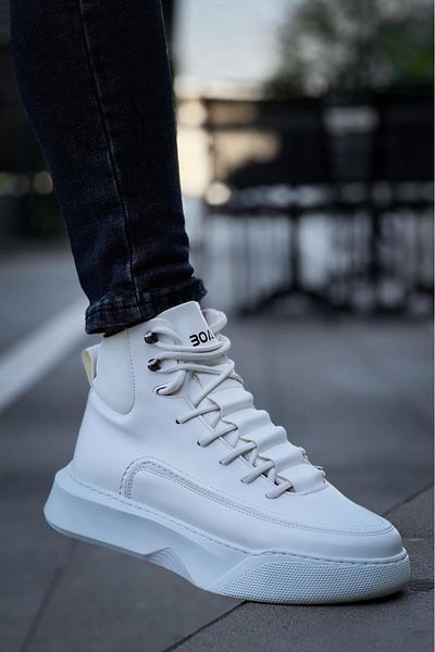 Byshoes BA0321 Hidden Lace Men's High Sole White Sports Boots