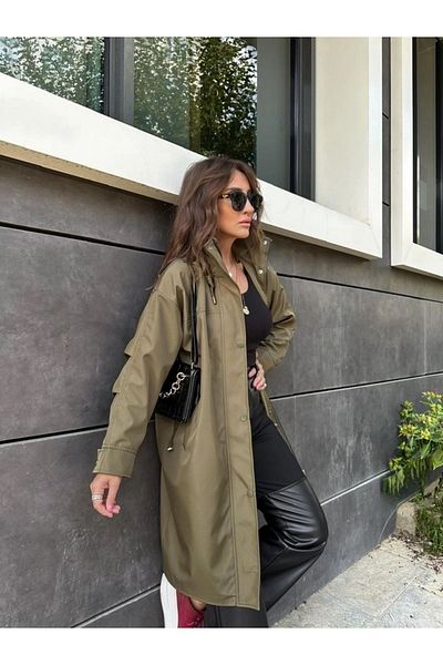 QİMYA BUTİK معطف واق من المطر نسائي بغطاء للرأس وخصر برباط وأكمام واسعة بتصميم فضفاض