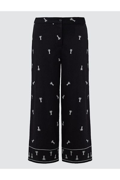 Jimmy Key Black 100% Cotton Wide Leg Palm Patterned Woven Trousers