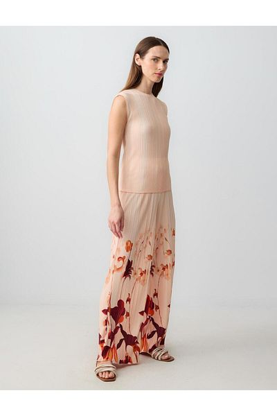 Jimmy Key Salmon Pink Relaxed Cut High Waist Loose Wide Leg Floral Patterned Knitted Trousers