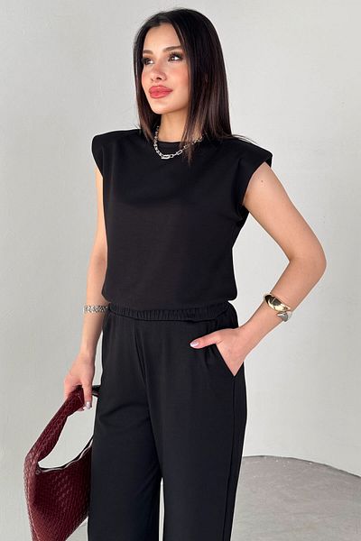 Cappmoda Tkm-13301 Black Padded Blouse & Elastic Waist Loose Trousers Set of Two