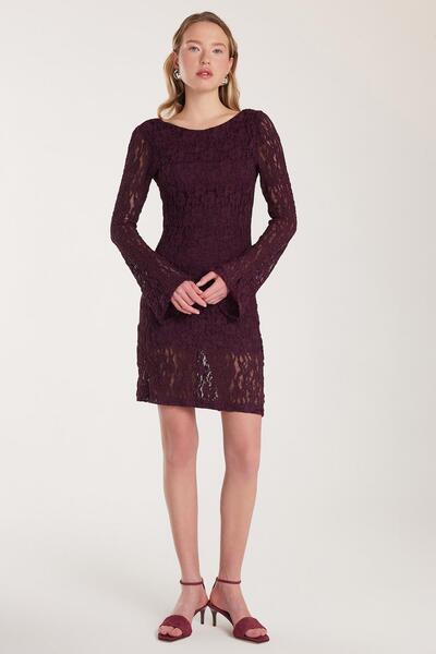 Tudors Kadın Slim Fit Dar Kesim Uzun Kollu Sırt Dekolteli Örgü Detaylı Mürdüm Elbise