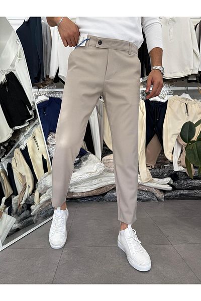 Butik 100% Lycra Slimfit Tongue Detailed Fabric Trousers Beige