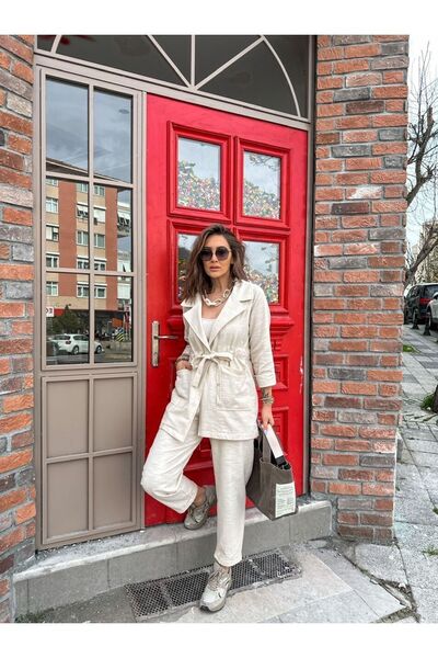 EGZOTİK ASORTİK بنطلون نسائي ضيق الساق وربطة خصر وسترة من الكتان