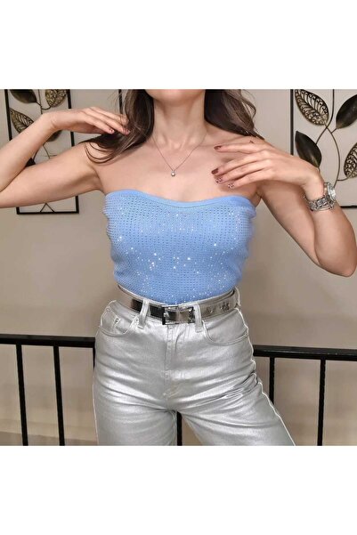 Butik Mavi Parıltılı Taşlı Straplez Triko Bluz