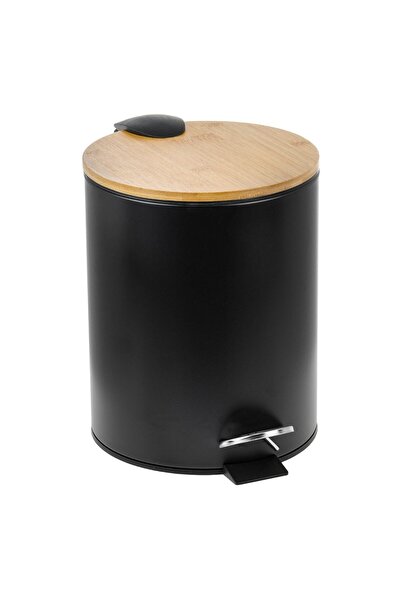 ATS Trash Can with Pedal, 5 L, Matte Black, Bamboo Lid, for Bathroom or Kitchen
