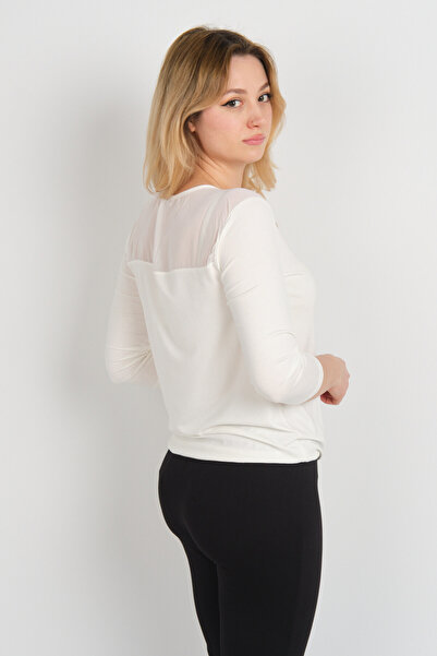 Sistas Women's Shoulder and Arms Tulle Detailed Elastic Waist Three Quarter Sleeve Blouse 23321 Ecru