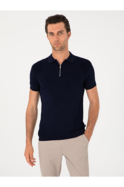Cacharel Navy Blue Slim Fit Zippered Polo Neck Knitwear T-Shirt 50300797-Vr033