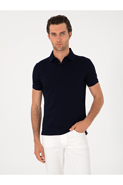Cacharel Navy Blue Slim Fit 100% Cotton Polo Neck Basic T-Shirt 50300934-Vr033