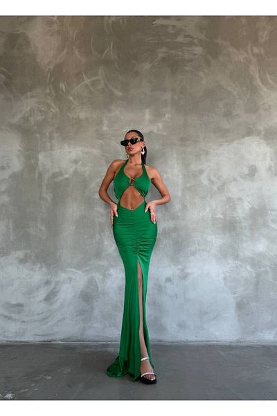 QİMYA BUTİK BIG FASHION Women's Window Drawstring Detail Halter Neck Deep Slit Stylish Dress