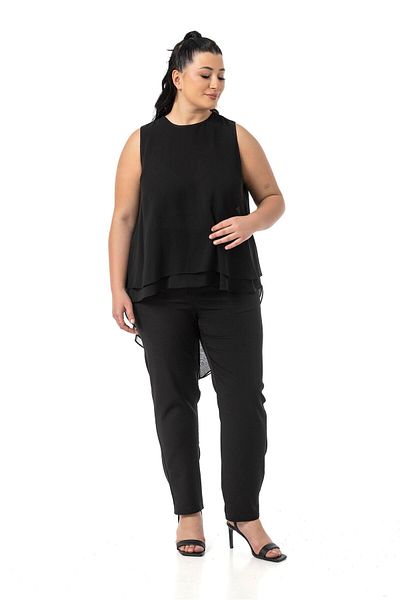 DISENTIS MODEST Large Size Back Button Asymmetrical Cut Double Layer Chiffon Black Blouse