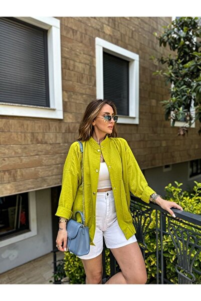 EGZOTİK ASORTİK سترة طويلة من نوع بومبر بتصميم كتان وكم منخفض