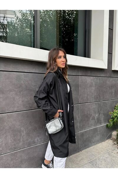 QİMYA BUTİK Women's Hooded Waist Drawstring Sleeve Draped Loose Fit Design Trench Coat