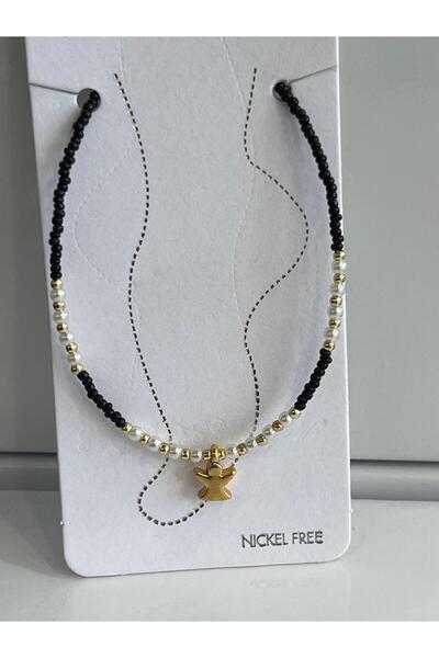 Meri Black and White Beaded Anklet with Winged Angel Detail
