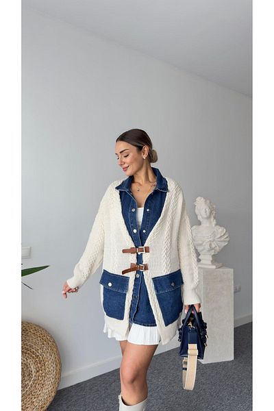 QİMYA BUTİK Robin Women's Jean Shirt Detailed Leather Clasp Design Oversize Cardigan