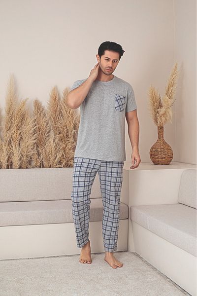 Sude HOMEWEAR Ανδρικό σετ πιτζάμες με κοντό μανίκι με καρό τσέπη