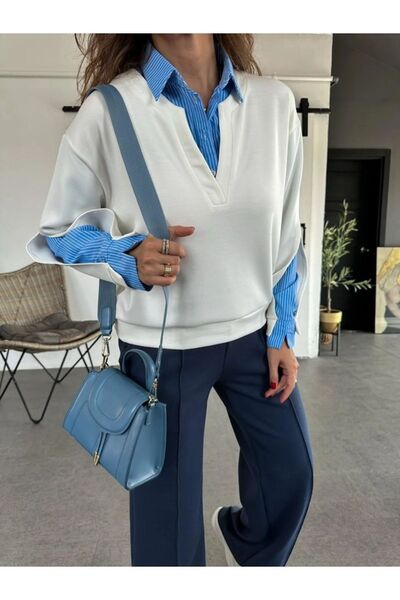 QİMYA BUTİK Дамски памучен суичър с V-образно деколте с детайли на ризата от вътрешната страна и ръкави