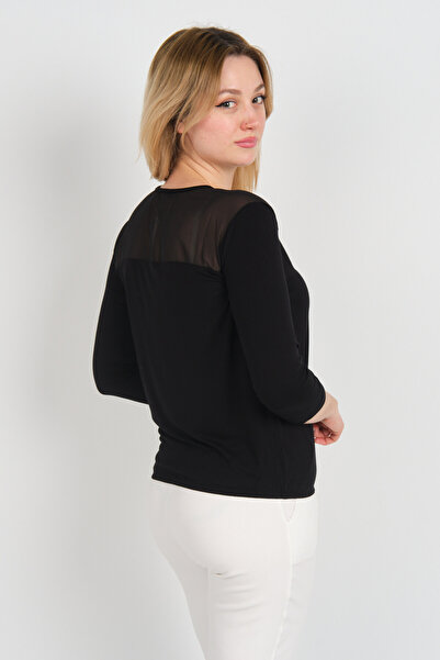 Sistas Women's Shoulder and Arms Tulle Detailed Elastic Waist Three Quarter Sleeve Blouse 23321 Black