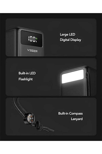Veger Power bank with large battery capacity of 50000mAh, multiple inputs and outputs, built-in LED flashlight