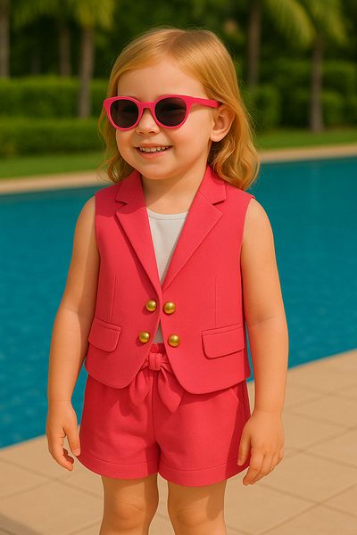 Yalçınoğlu Kids Girl's Pink Summer Suit – Muslin Fabric Vest & Shorts Set - Stylish Summer Triple Set - Girl's Jewelry
