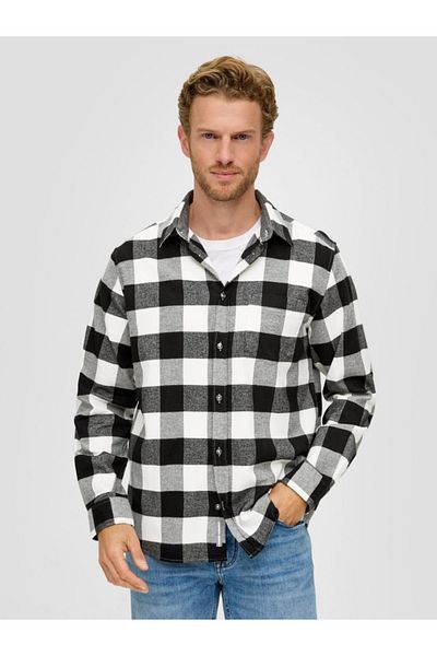 s.Oliver Men's shirt made of cotton blend with elastane, checkered print and Regular fit cut, White/Black, L