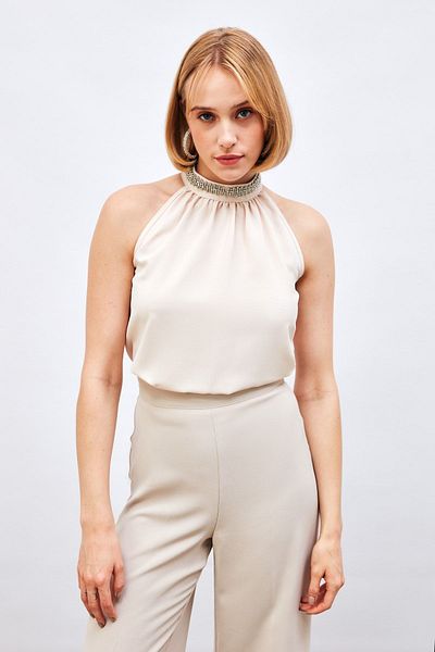 Sateen Women's Halter Neck Sleeveless Blouse with Beaded & Stone Accessories