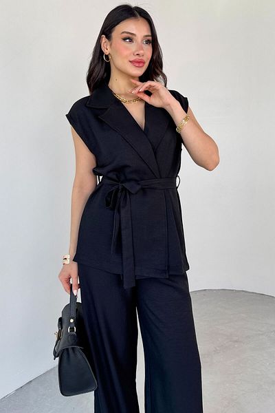 Cappmoda Tkm-13290 Black Linen Flap Collar Belted Vest Loose Trousers Double Set