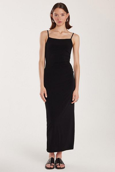 Tudors Rochie neagră midi, slim fit, elastică, cu decolteu în U
