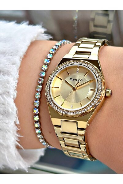 Ferrucci Altın Renk Minimalist Taşlı Model Kadın Kol Saati + BİLEKLİK