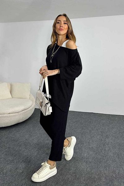 BUKETLİ Women's Asymmetrical Cut Slim Leg Trousers Embroidered Triple Suit