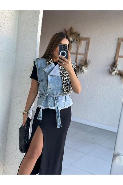 VETO Jeans Women's Back Leopard Front Half Leopard Mixed Jean Vest