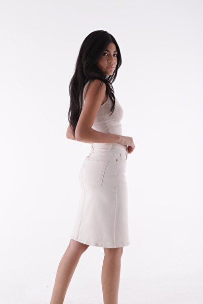 RICHMOST Mid-Length Classic Style Women's Denim Skirt with Pockets and Unlined Regular Waist Beige- Natural Denim