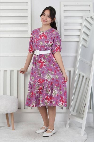 ARBİ kids Girl's Pink Floral Print Summer Belt Comfortable Long Holiday Dress