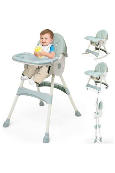Smart Vibe KinderVibe™ 4-in-1 foldable high chair with tray, 5-point harness, and storage basket, Green