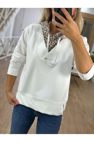 QİMYA BUTİK Bebe Plus Women's Hooded V-Neck Leopard Patterned Cotton Sweatshirt