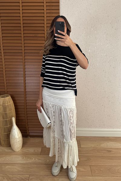 Mucios Rustic Lace Detail Ecru Midi Skirt