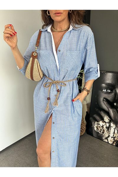QİMYA BUTİK EXOTIC & ASORTIC - Striped Linen Shirt Dress, Long Sleeve and Oversize Fit with Straw Belt