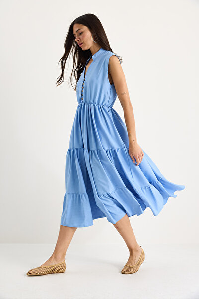 Bianco Lucci Women's Striped Elastic Waist V-Neck Flounce Summer Modal Dress 7009 60283385