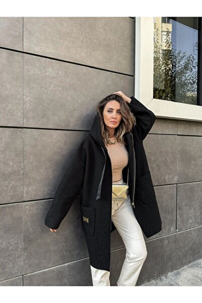 Robin ROBİN Kadın Kapüşonlu Torba Cep Astarsız Hafif Buklet Kaşe Oversize Kaban